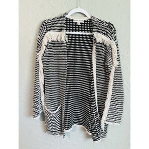 Knox Rose Black White Fringe Long Sleeve Cardigan Size Xs